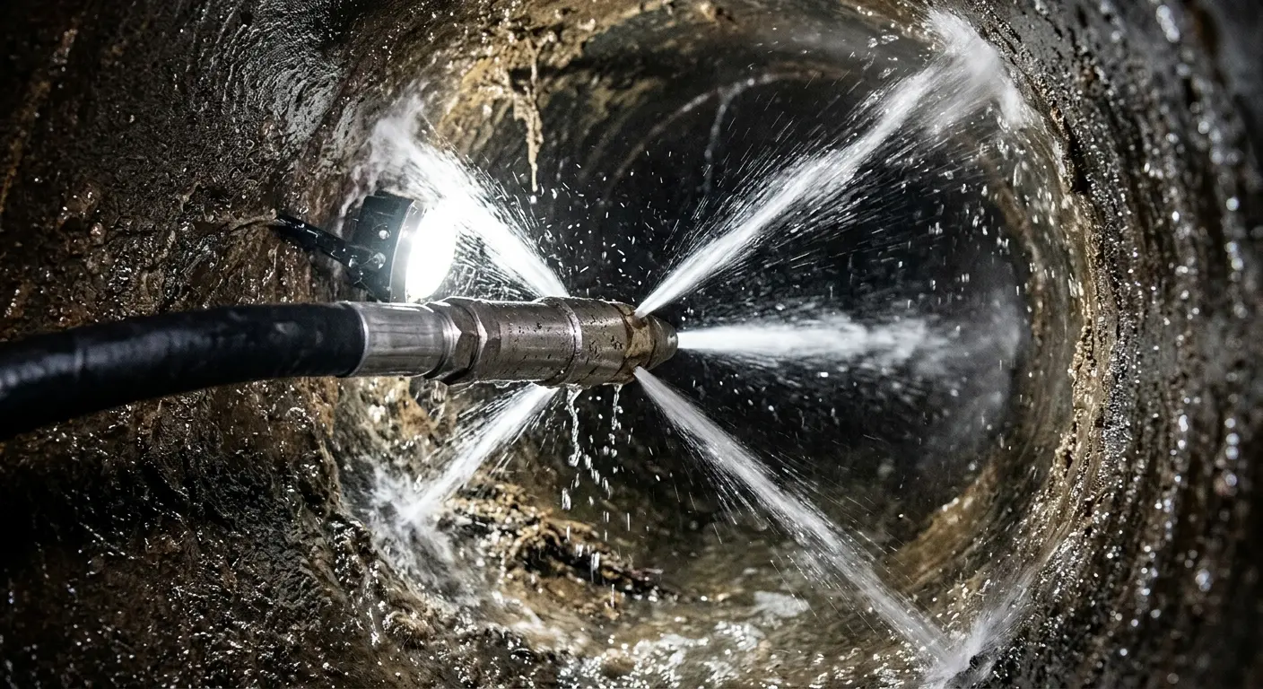 High-pressure hydro jetting nozzle cleaning sewer pipe for Trenchless Sewer Repair in Allamuchy