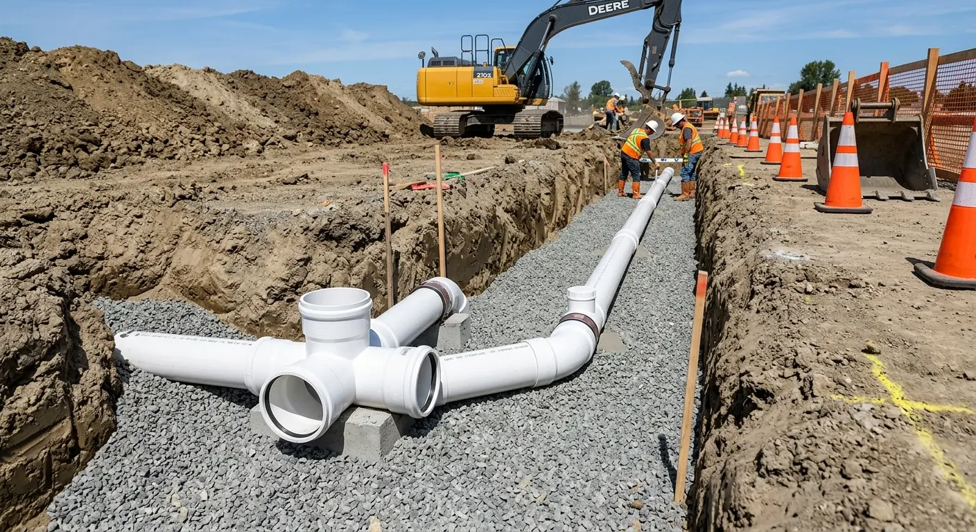 New PVC sewer pipe installation in open trench for Commercial Drain Cleaning in Allamuchy