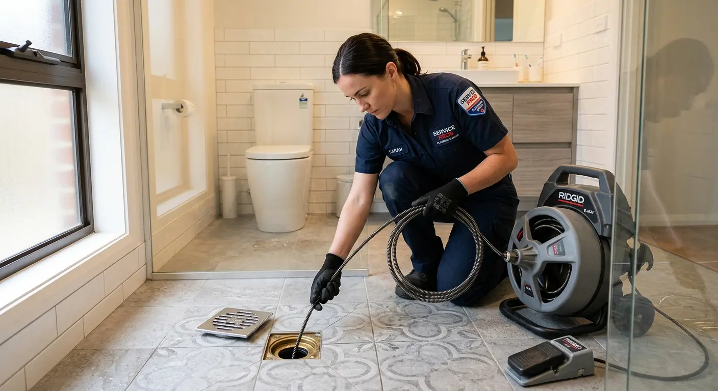 Technician clearing a bathroom floor drain for Clogged Drain Repair in Allamuchy